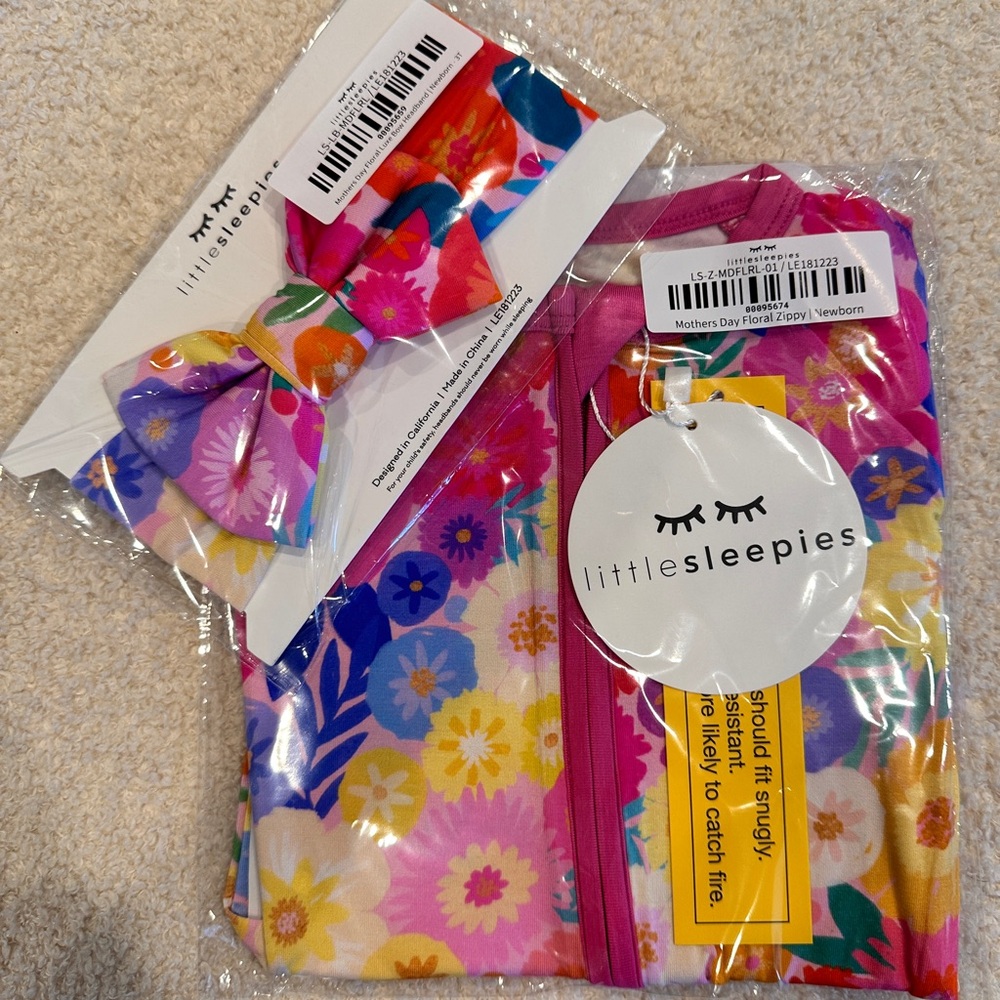 NWT Little Sleepies Mothers Day Floral Zippy + Bow